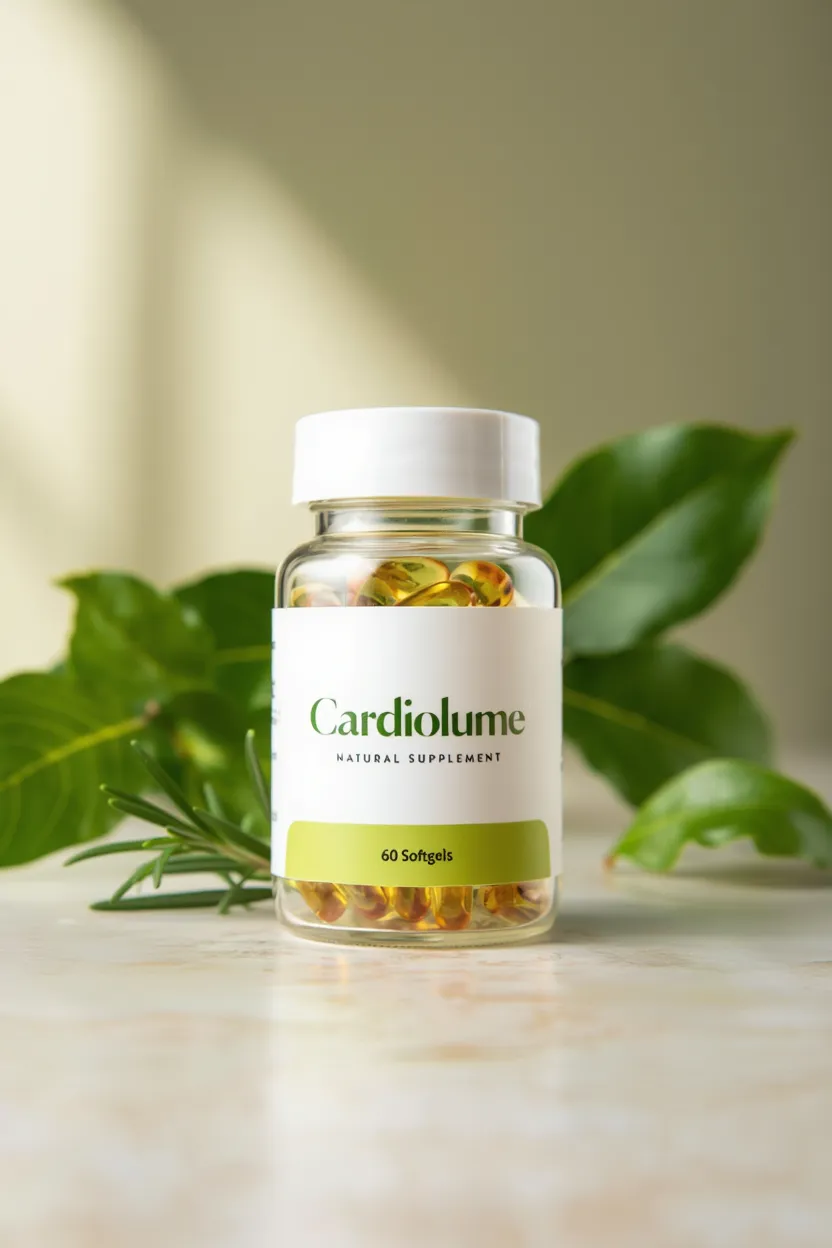 Cardiolume natural supplement bottle with botanical ingredients display